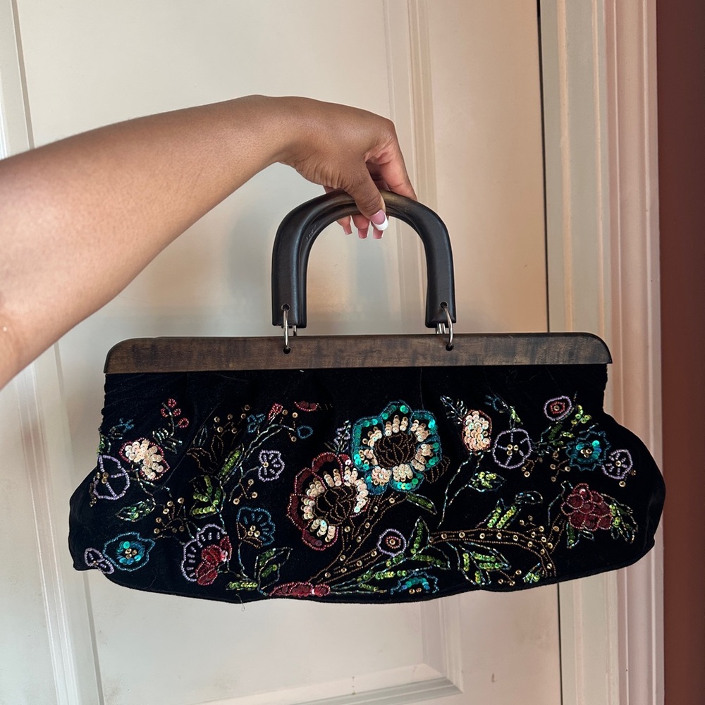 Floral Embroidered Black Velvet Handbag